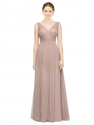 Buy Full Length Draped Long V-Neck Tulle Bridesmaid Dress UK