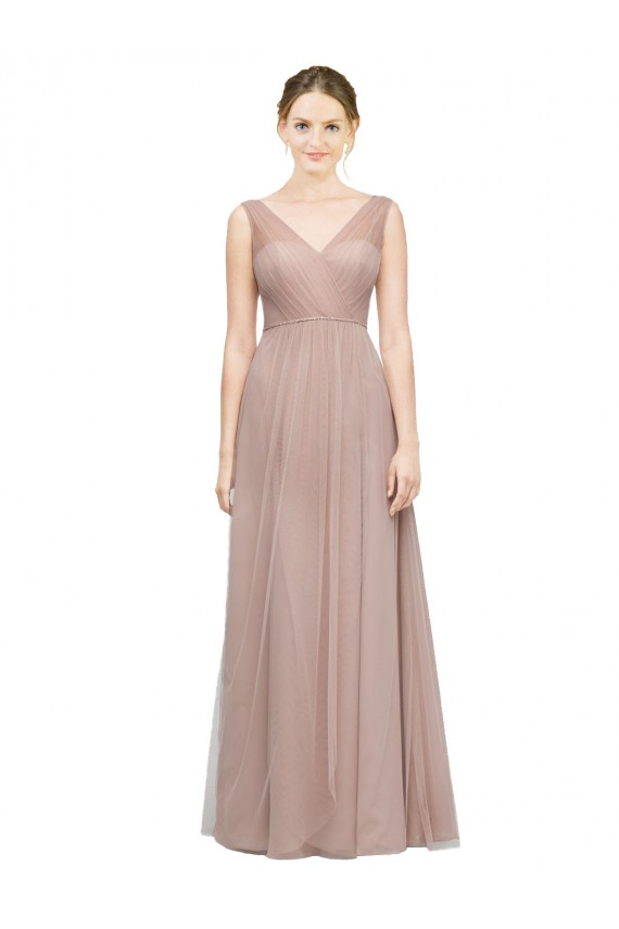 Buy Full Length Draped Long V-Neck Tulle Bridesmaid Dress UK