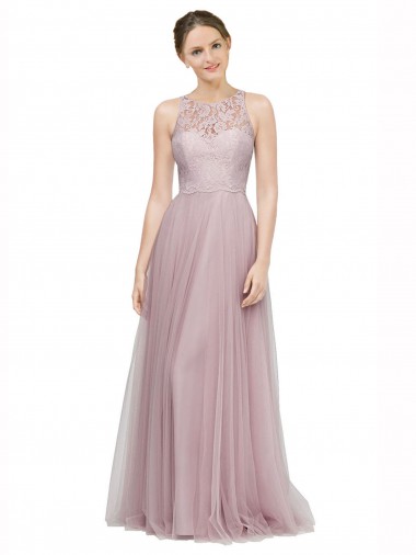 Buy High Neck Long Tulle Bridesmaid Dress with Lace Bodice UK