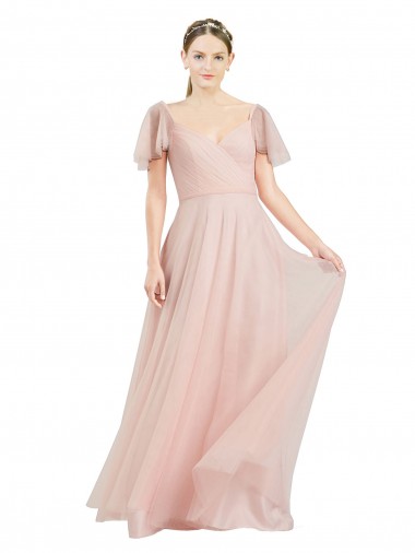 Buy Long V-Neck Flutter Sleeves Tulle Bridesmaid Dress UK
