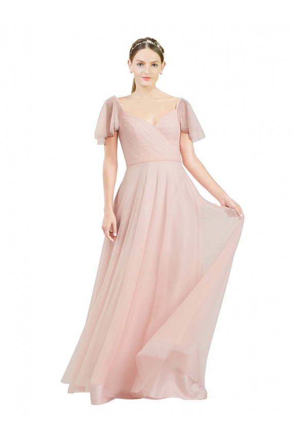 Buy Long V-Neck Flutter Sleeves Tulle Bridesmaid Dress UK
