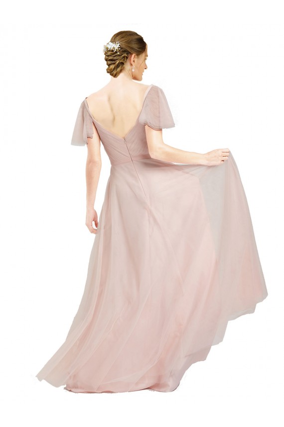 Buy Long V-Neck Flutter Sleeves Tulle Bridesmaid Dress UK