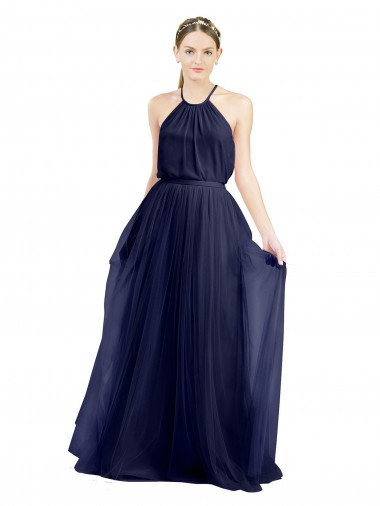 Buy Long A-Line High Neck Halter Tulle Bridesmaid Dress UK