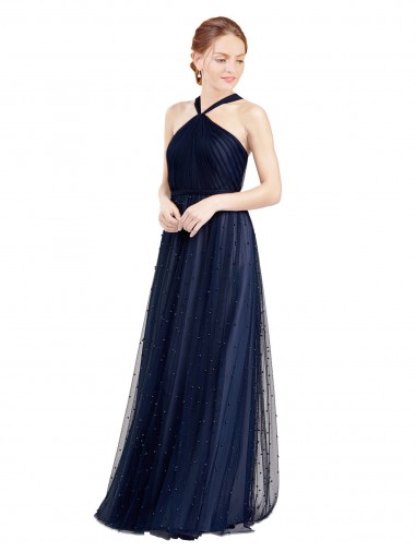 Buy Floor Length Long Halter Pleated Tulle Bridesmaid Dress UK