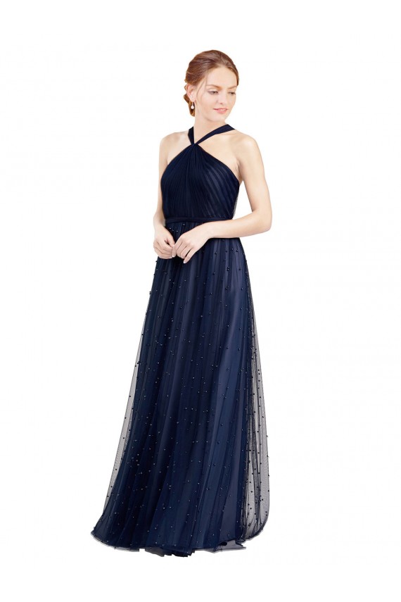 Buy Floor Length Long Halter Pleated Tulle Bridesmaid Dress UK