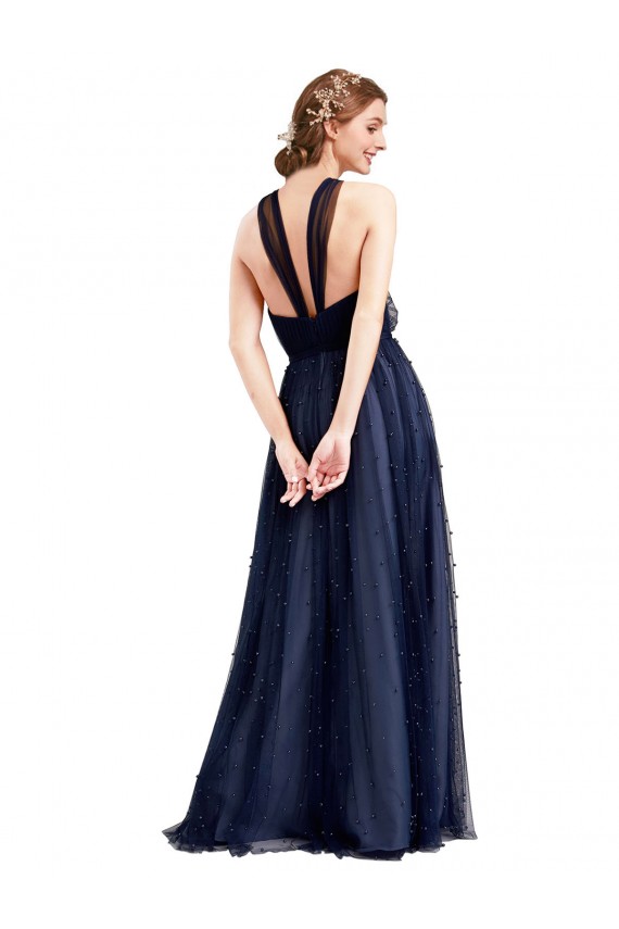 Buy Floor Length Long Halter Pleated Tulle Bridesmaid Dress UK