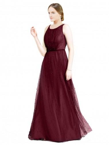 Buy Sleeveless Boat Neck Long Pearl Tulle Bridesmaid Dress with Keyhole Back UK