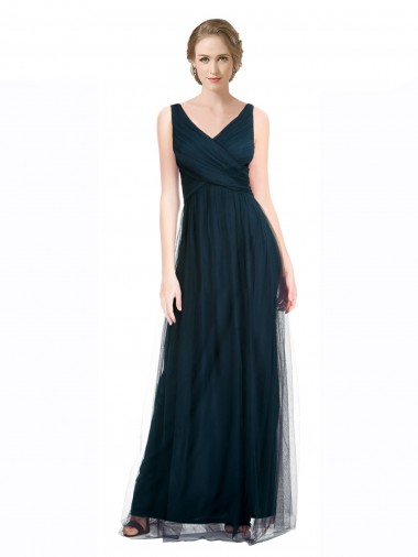 Buy Full Length Long Tulle Bridesmaid Dress with V-Neck Criss-Cross Ruched Top UK