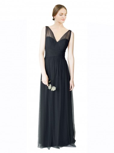 Buy Long Tulle Bridesmaid Dress with Illusion Shoulder Straps and V-Back UK