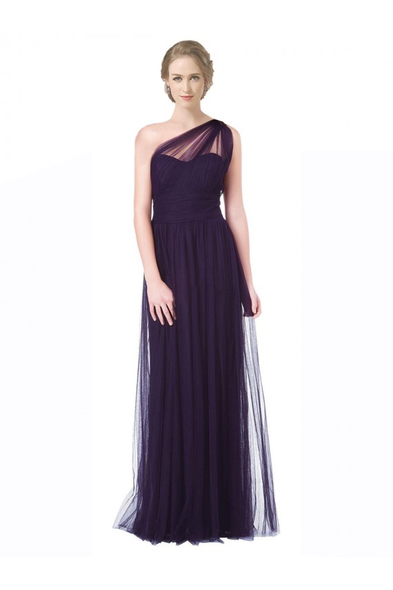 Buy One Shoulder Long Tulle Bridesmaid Gown with Sheer Netting Strap UK