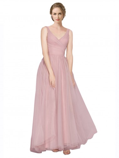 Buy Long Floor Length Wide Strap Plunge Cross Over Neckline Tulle Bridesmaid Dress UK