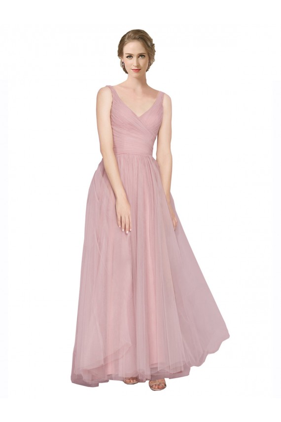 Buy Long Floor Length Wide Strap Plunge Cross Over Neckline Tulle Bridesmaid Dress UK