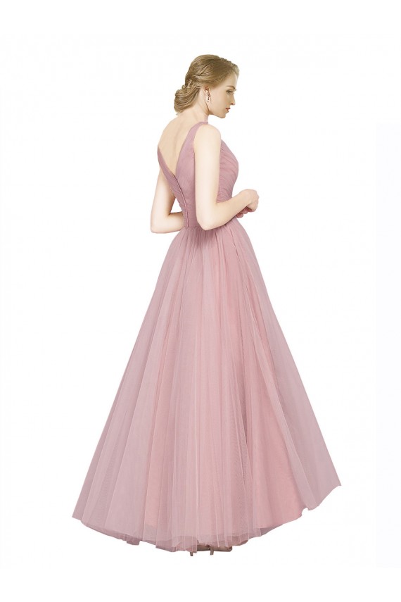 Buy Long Floor Length Wide Strap Plunge Cross Over Neckline Tulle Bridesmaid Dress UK