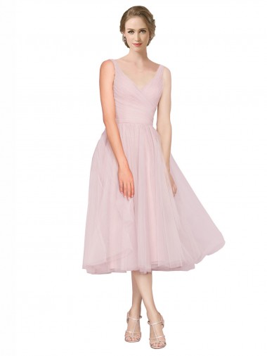 Buy Short Tea Length Wide Strap Plunge Cross Over Neckline Tulle Cocktail Bridesmaid Dress UK