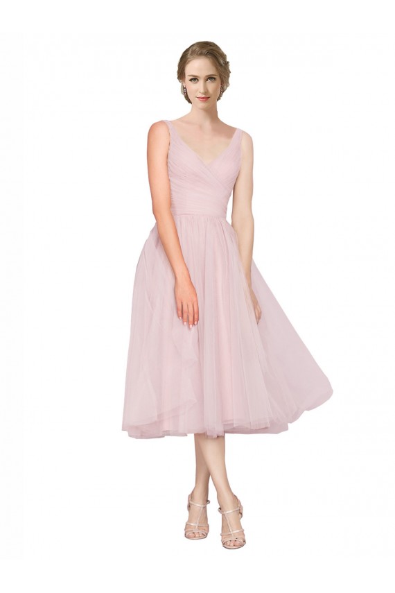 Buy Short Tea Length Wide Strap Plunge Cross Over Neckline Tulle Cocktail Bridesmaid Dress UK