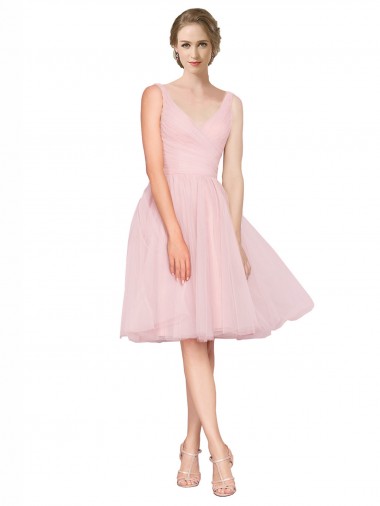 Buy Short Knee Length Wide Strap Plunge Cross Over Neckline Tulle Cocktail Bridesmaid Dress UK