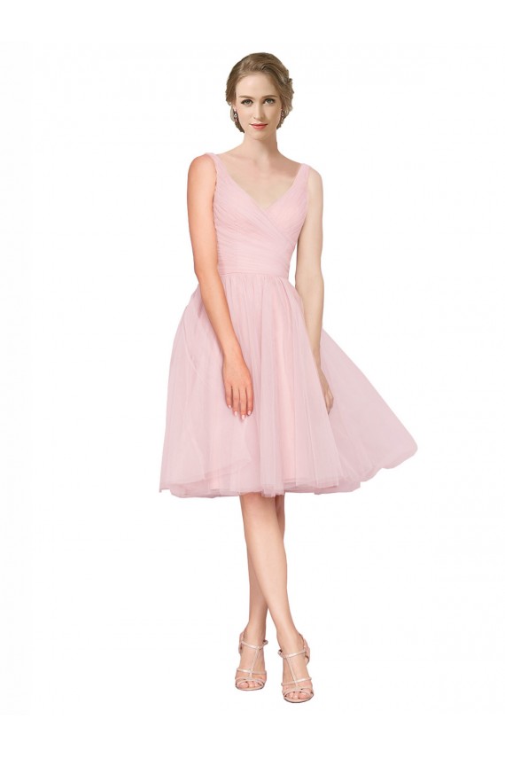 Buy Short Knee Length Wide Strap Plunge Cross Over Neckline Tulle Cocktail Bridesmaid Dress UK