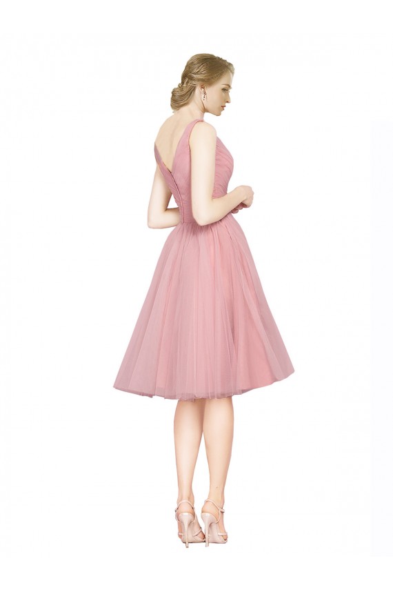 Buy Short Knee Length Wide Strap Plunge Cross Over Neckline Tulle Cocktail Bridesmaid Dress UK