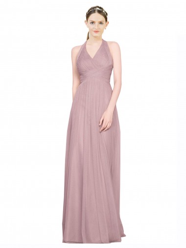 Buy Ruffled Halter V-Neck Long Tulle Bridesmaid Dress with Pleats UK