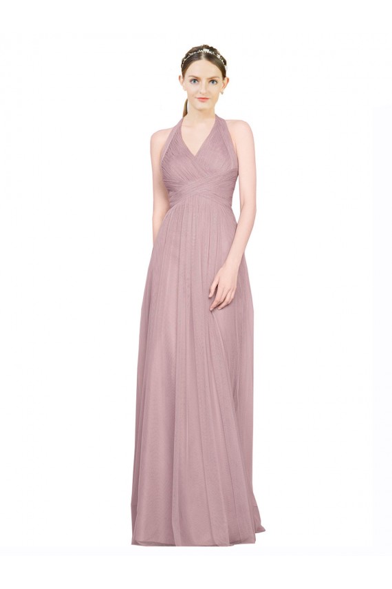 Buy Ruffled Halter V-Neck Long Tulle Bridesmaid Dress with Pleats UK