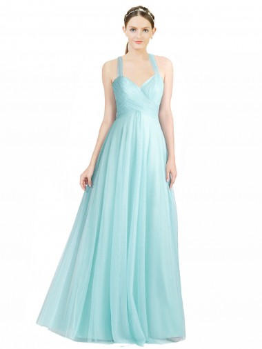 Buy Ruched Sweetheart Neckline A-Line Tulle Bridesmaid Dress with Tie Open Back UK