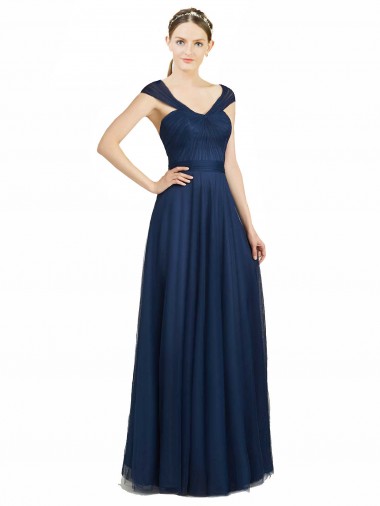 Buy Ruched Sweetheart Long A-Line Tulle Bridesmaid Dress with Wide Straps and Tie Back UK