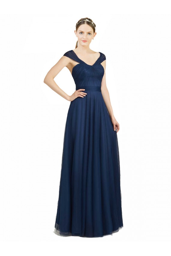 Buy Ruched Sweetheart Long A-Line Tulle Bridesmaid Dress with Wide Straps and Tie Back UK