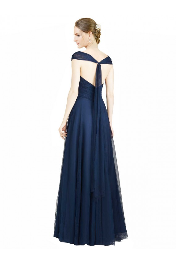 Buy Ruched Sweetheart Long A-Line Tulle Bridesmaid Dress with Wide Straps and Tie Back UK