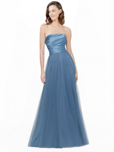 Buy Long Strapless Bridesmaid Dress with Soft Tulle Overlay UK