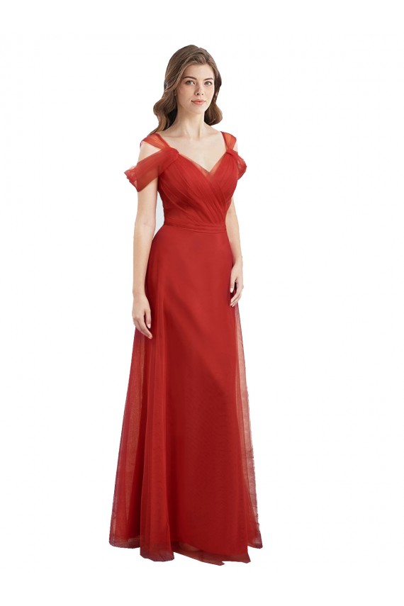 Buy Cold Shoulder Pleated Wrap Tulle Bridesmaid Dress with Low V-Back UK