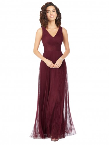 Buy Long A-Line V-Neck Tulle Bridesmaid Dress UK