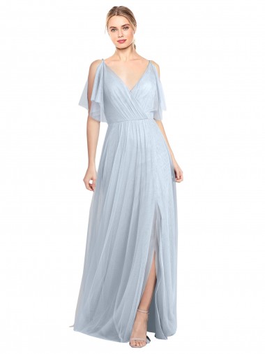 Buy Floor Length Flutter Sleeves Long Tulle Bridesmaid Dress with Side Slit UK