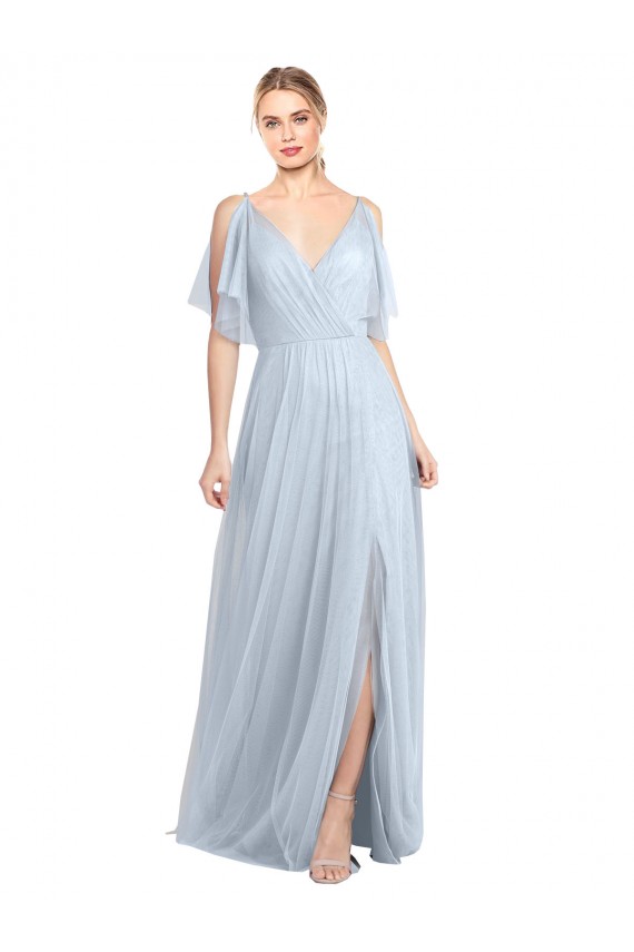 Buy Floor Length Flutter Sleeves Long Tulle Bridesmaid Dress with Side Slit UK