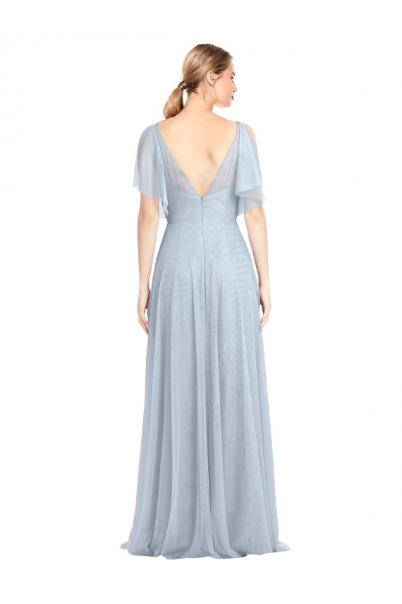 Buy Floor Length Flutter Sleeves Long Tulle Bridesmaid Dress with Side Slit UK