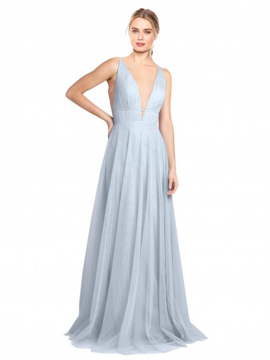 Buy Plunging Deep V-Neck Long Tulle Bridesmaid Dress with V-Back UK