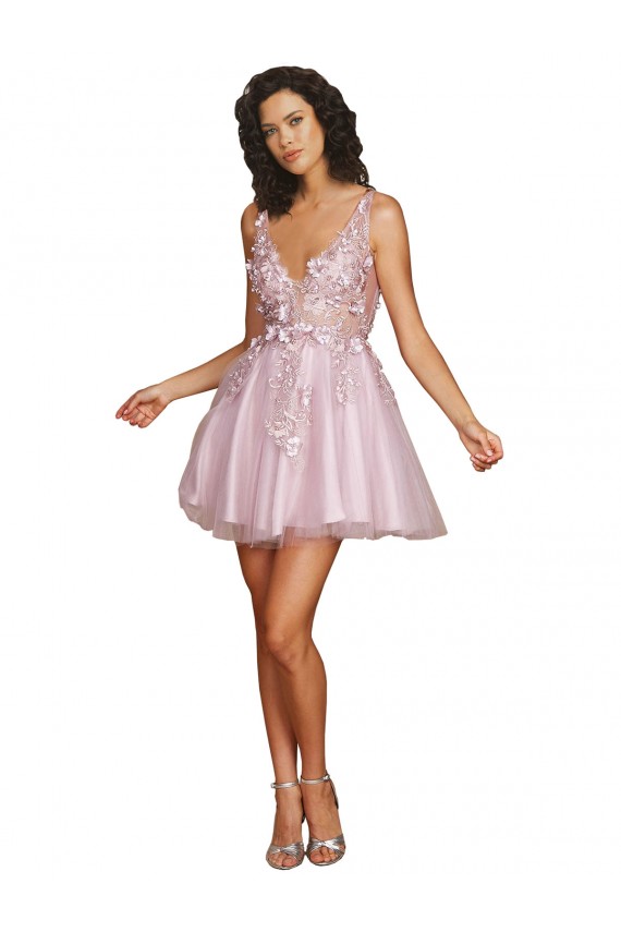 Buy Sleeveless V-Neckline Short Cocktail Dress with Embellished Lace Appliques UK