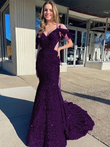 Buy Cold Shoulder Sleeveless Long Court Train Velvet Sequin Prom Dress UK