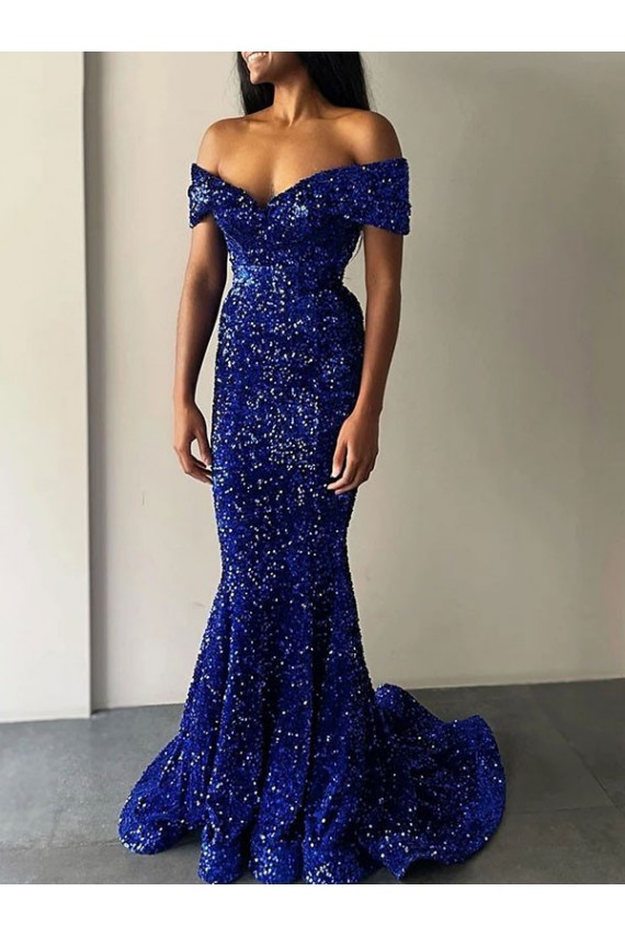 Buy Mermaid Off the Shoulder Sleeveless Long Sweep Train Velvet Sequin Prom Dress UK