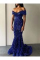 Buy Mermaid Off the Shoulder Sleeveless Long Sweep Train Velvet Sequin Prom Dress UK