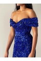 Buy Mermaid Off the Shoulder Sleeveless Long Sweep Train Velvet Sequin Prom Dress UK