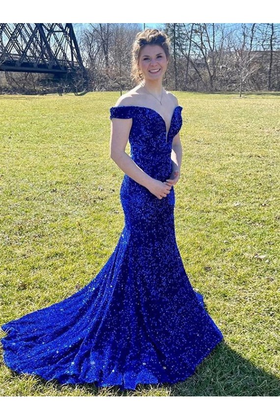 Buy Off the Shoulder Sleeveless Long Sweep Train Velvet Sequin Prom Dress UK