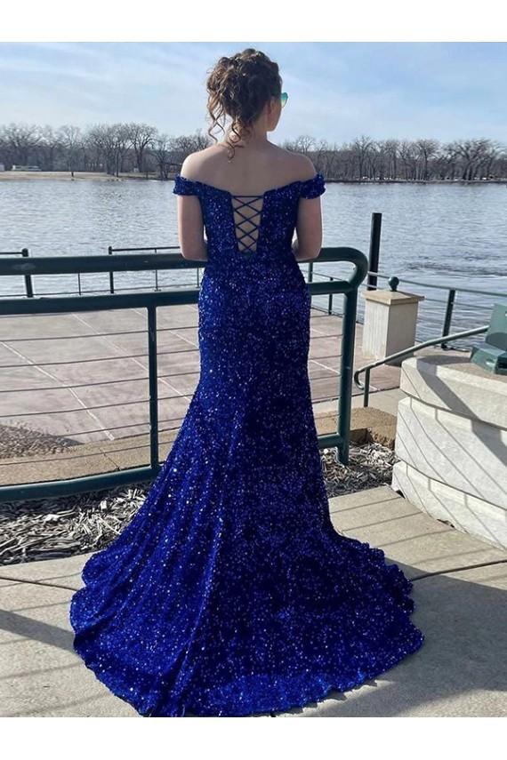 Buy Off the Shoulder Sleeveless Long Sweep Train Velvet Sequin Prom Dress UK