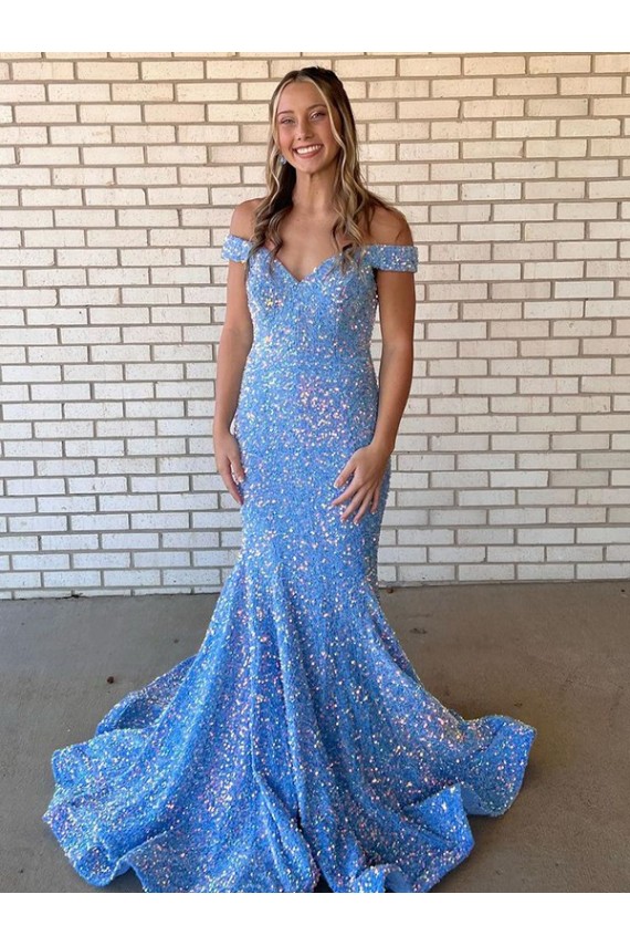 Buy Mermaid Off the Shoulder Sleeveless Long Floor Length Velvet Sequin Prom Dress UK
