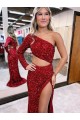 Buy Mermaid One Shoulder Long Sleeves Long Sweep Train Velvet Sequin Prom Dress with High Slit UK