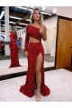 Buy Mermaid One Shoulder Long Sleeves Long Sweep Train Velvet Sequin Prom Dress with High Slit UK