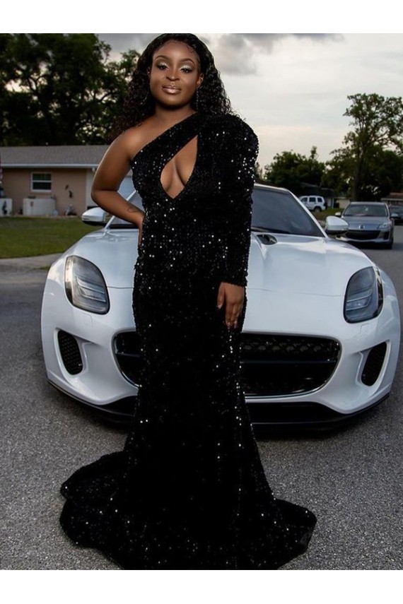 Buy One Shoulder Long Sleeves Long Sweep Train Velvet Sequin Prom Dress UK