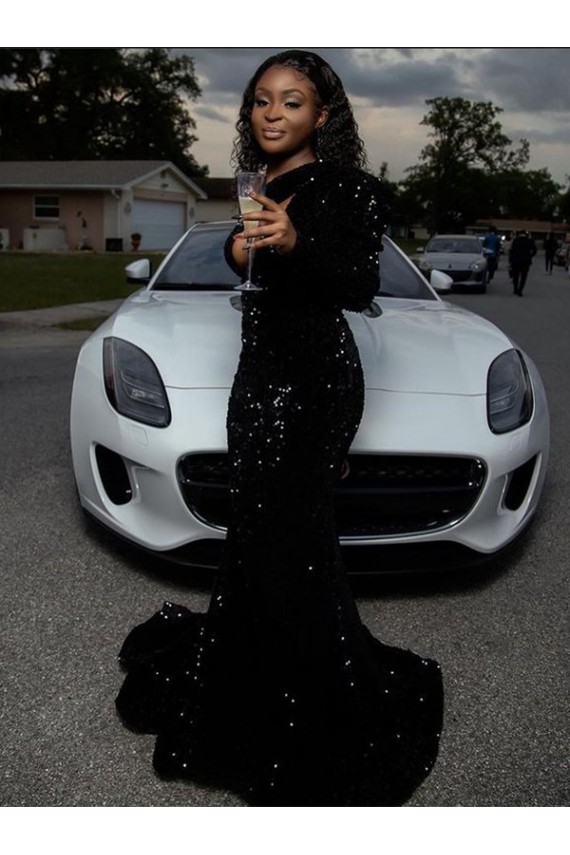 Buy One Shoulder Long Sleeves Long Sweep Train Velvet Sequin Prom Dress UK