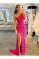 Buy One Shoulder Sleeveless Long Velvet Sequin Prom Dress with High Slit UK