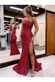 Buy Mermaid One Shoulder Sleeveless Long Sweep Train Velvet Sequin Prom Dress with High Slit UK