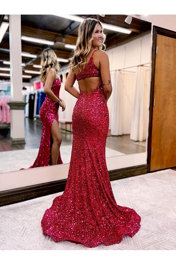 Buy Mermaid One Shoulder Sleeveless Long Sweep Train Velvet Sequin Prom Dress with High Slit UK